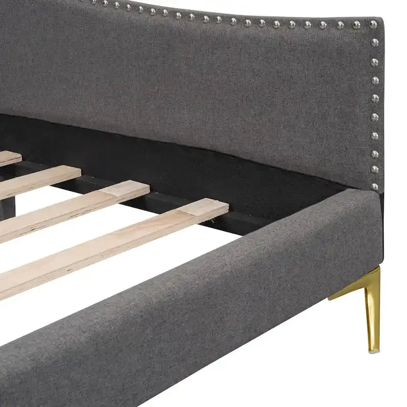 Lit de repos plateforme rembourré en lin avec tête de lit à rivets et garde-corps, beige et gris