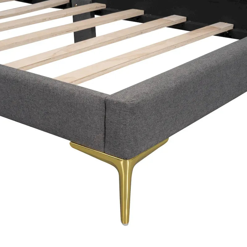 Lit de repos plateforme rembourré en lin avec tête de lit à rivets et garde-corps, beige et gris