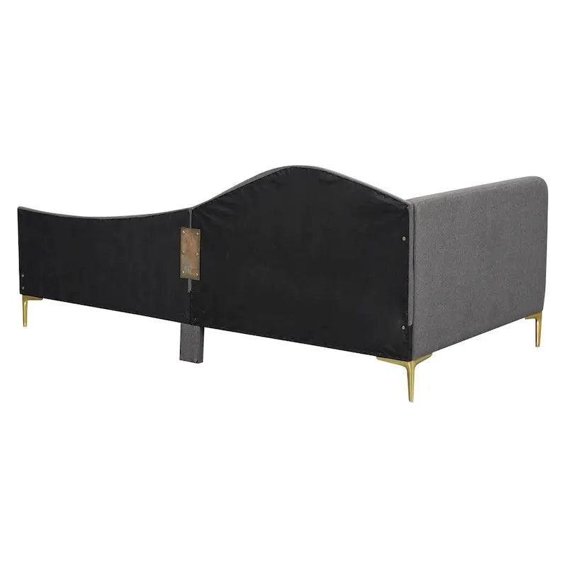 Lit de repos plateforme rembourré en lin avec tête de lit à rivets et garde-corps, beige et gris