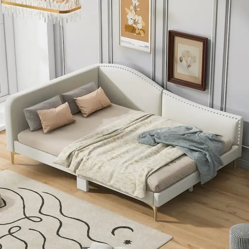 Lit de repos plateforme rembourré en lin avec tête de lit à rivets et garde-corps, beige et gris