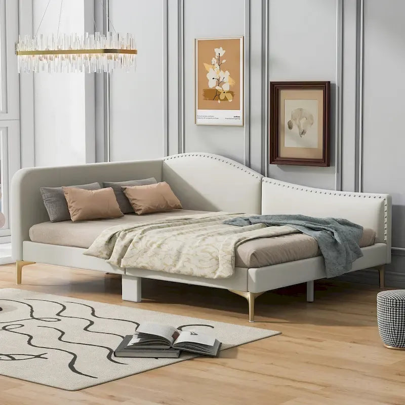 Lit de repos plateforme rembourré en lin avec tête de lit à rivets et garde-corps, beige et gris