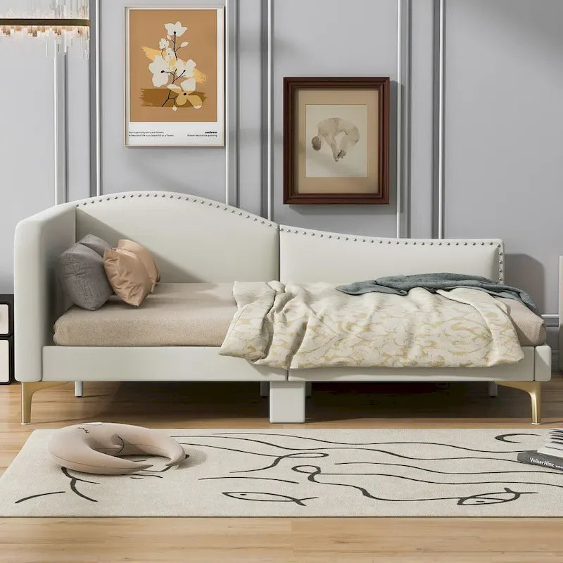 Lit de repos plateforme rembourré en lin avec tête de lit à rivets et garde-corps, beige et gris