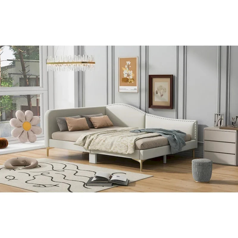 Lit de repos plateforme rembourré en lin avec tête de lit à rivets et garde-corps, beige et gris
