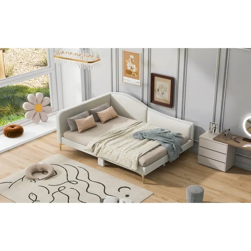 Lit de repos plateforme rembourré en lin avec tête de lit à rivets et garde-corps, beige et gris