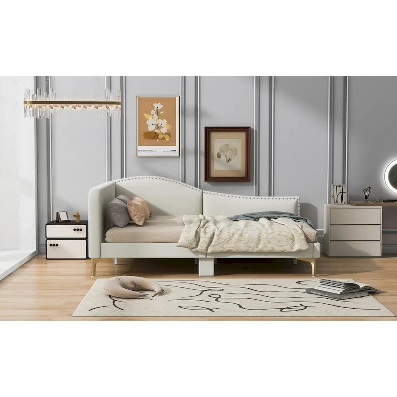 Lit de repos plateforme rembourré en lin avec tête de lit à rivets et garde-corps, beige et gris