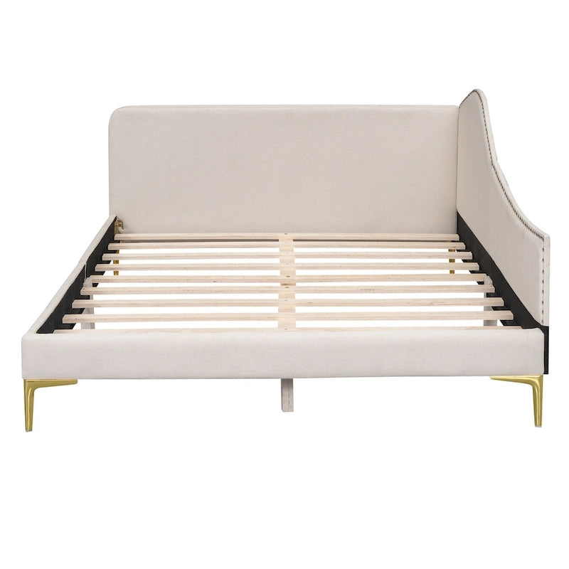 Lit de repos plateforme rembourré en lin avec tête de lit à rivets et garde-corps, beige et gris
