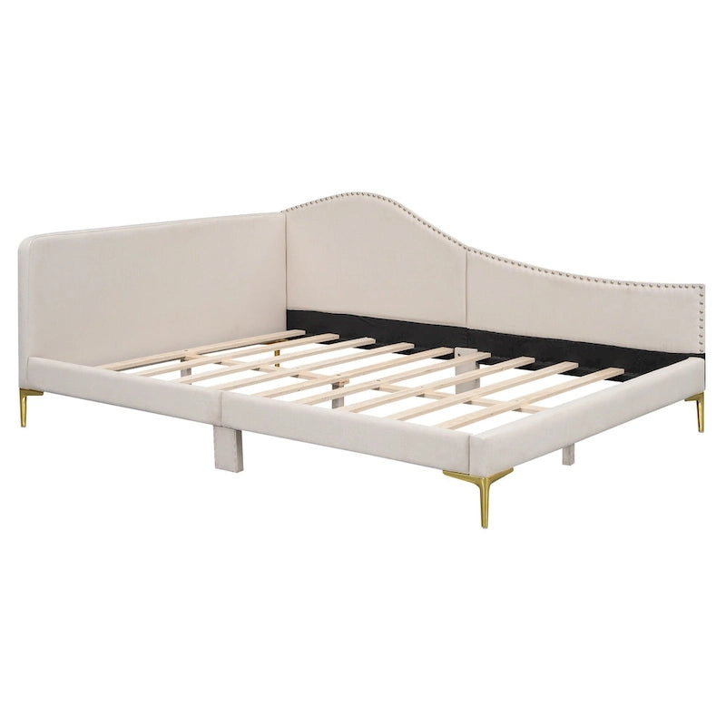 Lit de repos plateforme rembourré en lin avec tête de lit à rivets et garde-corps, beige et gris