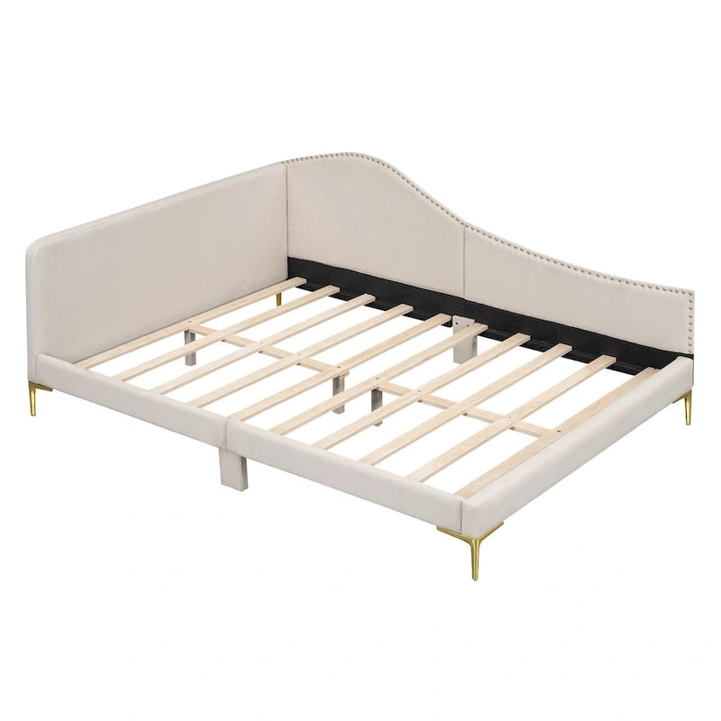 Lit de repos plateforme rembourré en lin avec tête de lit à rivets et garde-corps, beige et gris