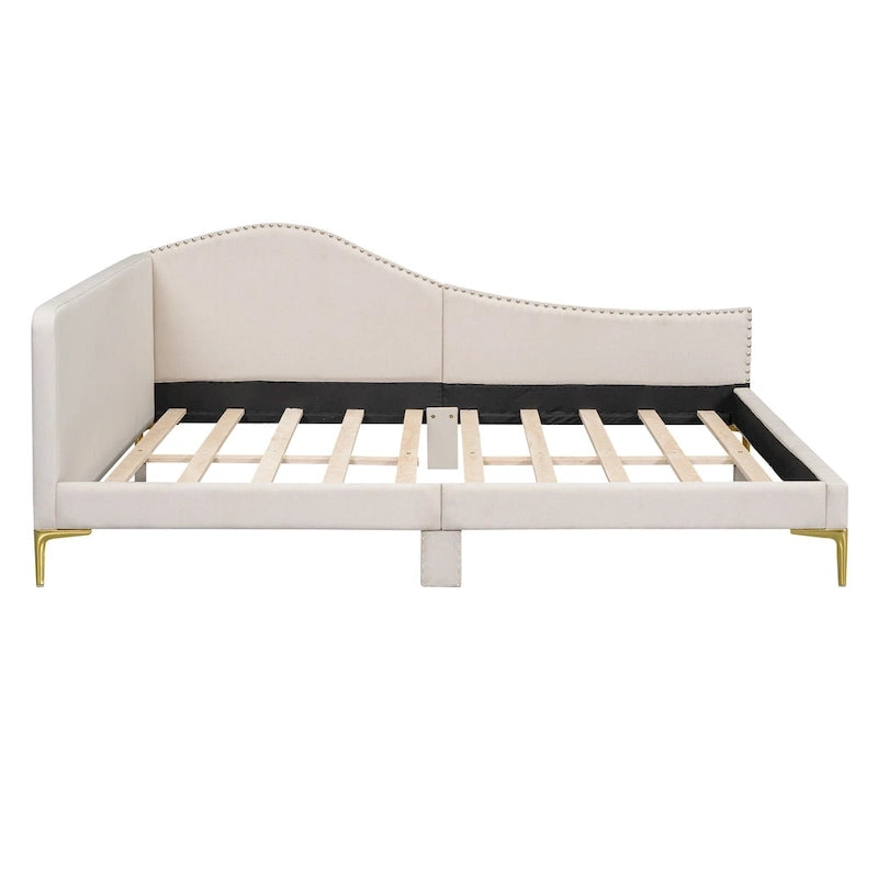 Lit de repos plateforme rembourré en lin avec tête de lit à rivets et garde-corps, beige et gris