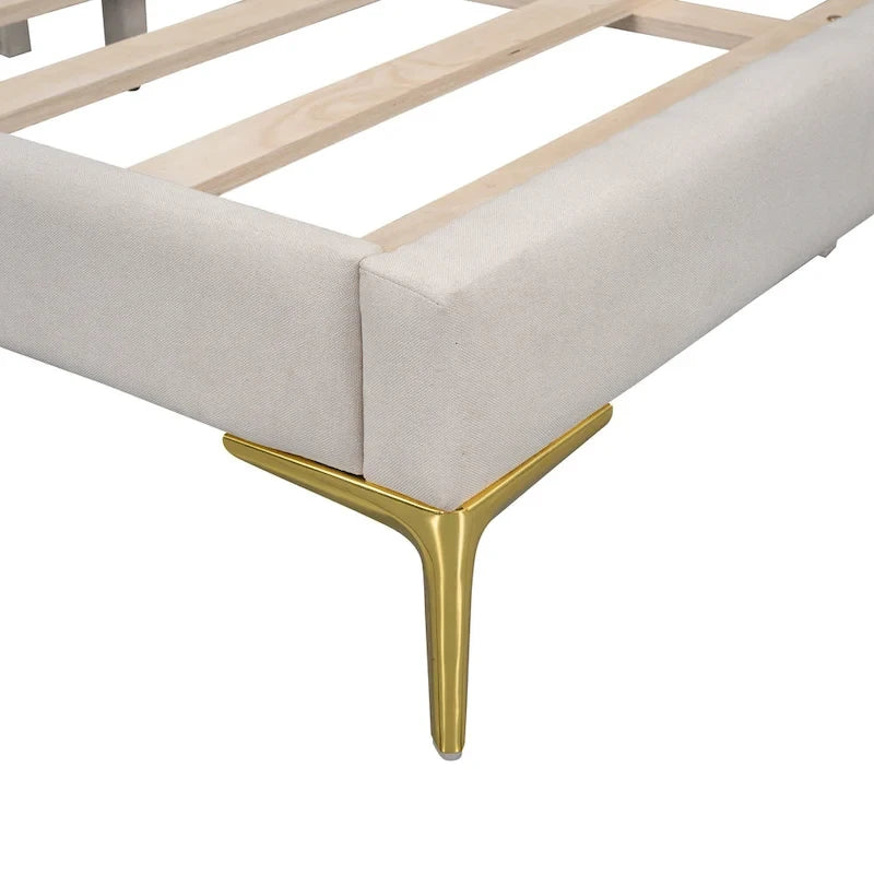 Lit de repos plateforme rembourré en lin avec tête de lit à rivets et garde-corps, beige et gris