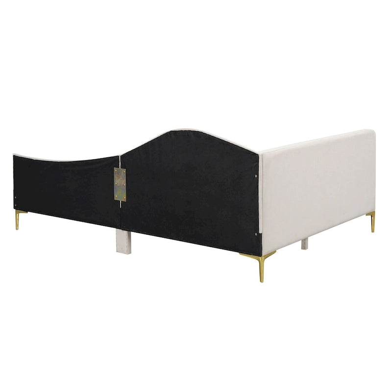 Lit de repos plateforme rembourré en lin avec tête de lit à rivets et garde-corps, beige et gris