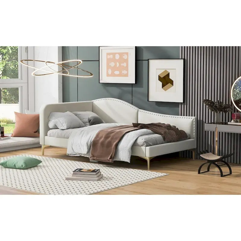 Lit de repos plateforme rembourré en lin avec tête de lit à rivets et garde-corps, beige et gris