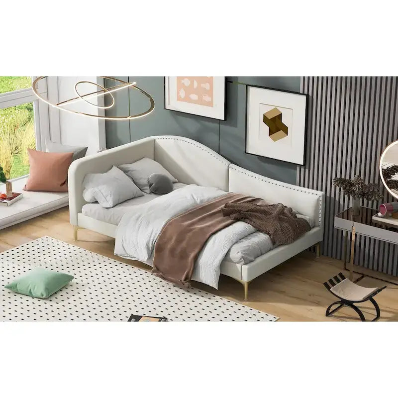 Lit de repos plateforme rembourré en lin avec tête de lit à rivets et garde-corps, beige et gris