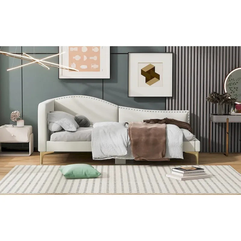 Lit de repos plateforme rembourré en lin avec tête de lit à rivets et garde-corps, beige et gris