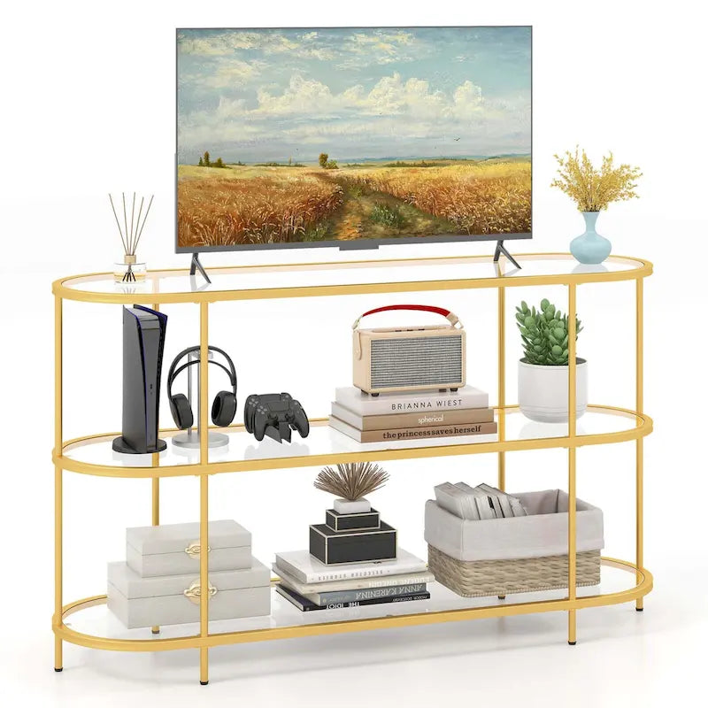 Meuble TV Console de divertissement à 3 niveaux en verre trempé et structure métallique dorée