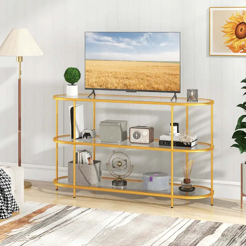 Meuble TV Console de divertissement à 3 niveaux en verre trempé et structure métallique dorée