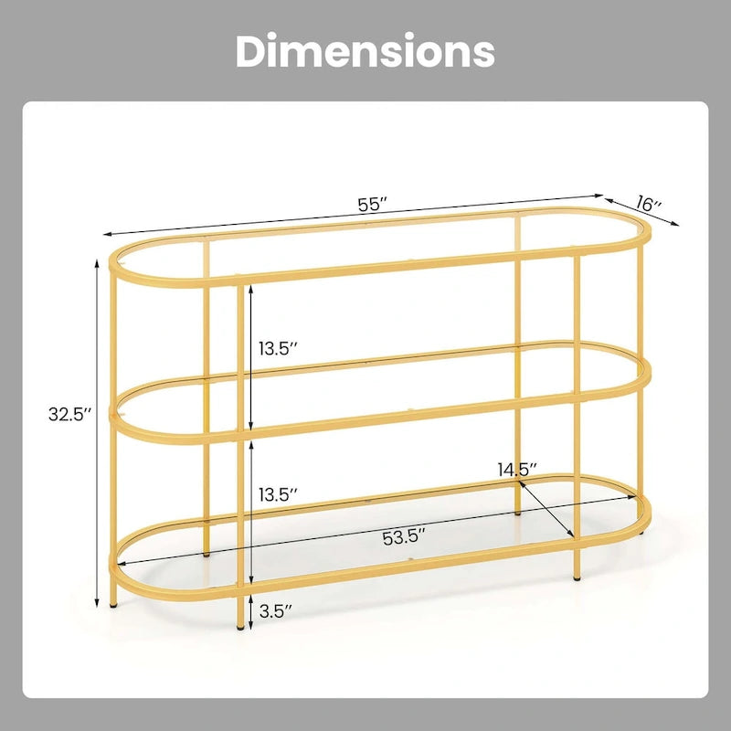 Meuble TV Console de divertissement à 3 niveaux en verre trempé et structure métallique dorée