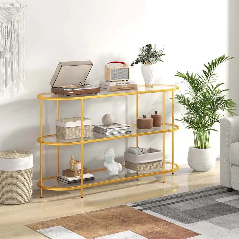 Meuble TV Console de divertissement à 3 niveaux en verre trempé et structure métallique dorée