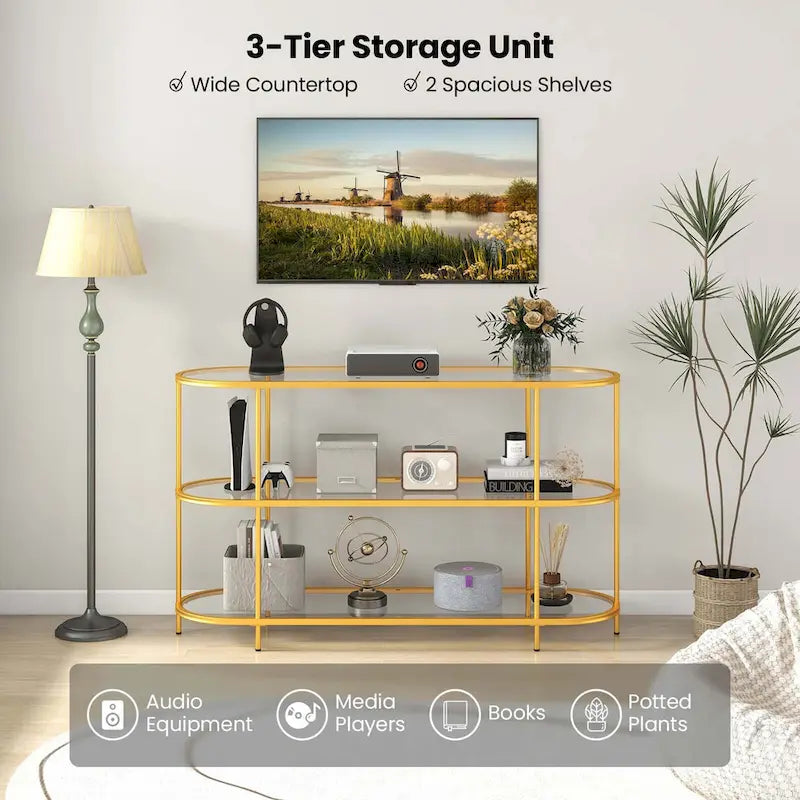 Meuble TV Console de divertissement à 3 niveaux en verre trempé et structure métallique dorée