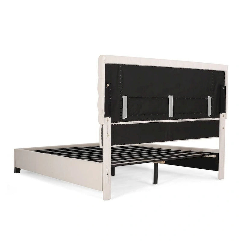 Cadre de lit plateforme Queen Size en polyester ivoire avec tête de lit capitonnée en losanges