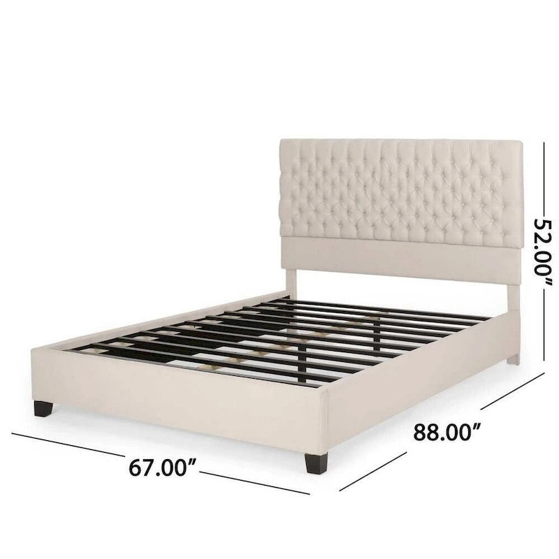 Cadre de lit plateforme Queen Size en polyester ivoire avec tête de lit capitonnée en losanges
