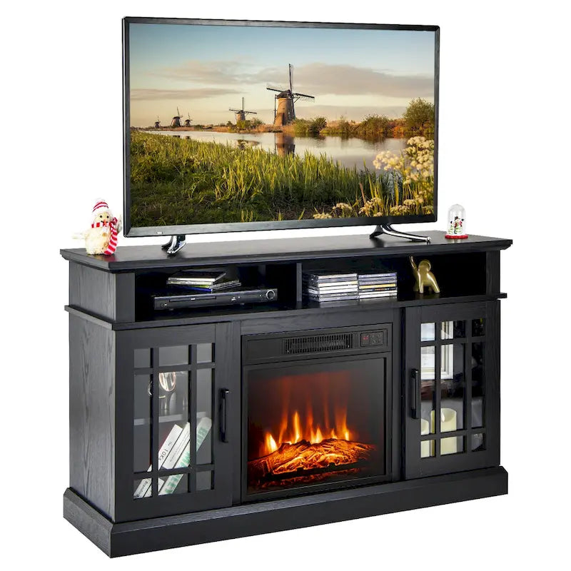 Meuble TV de cheminée noir de 48 pouces avec étagères de rangement et portes en verre