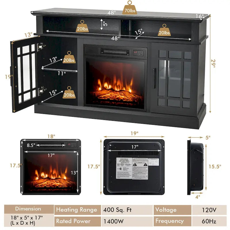 Meuble TV de cheminée noir de 48 pouces avec étagères de rangement et portes en verre
