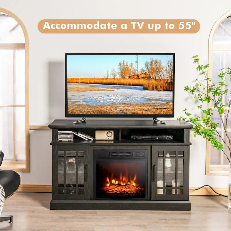 Meuble TV de cheminée noir de 48 pouces avec étagères de rangement et portes en verre