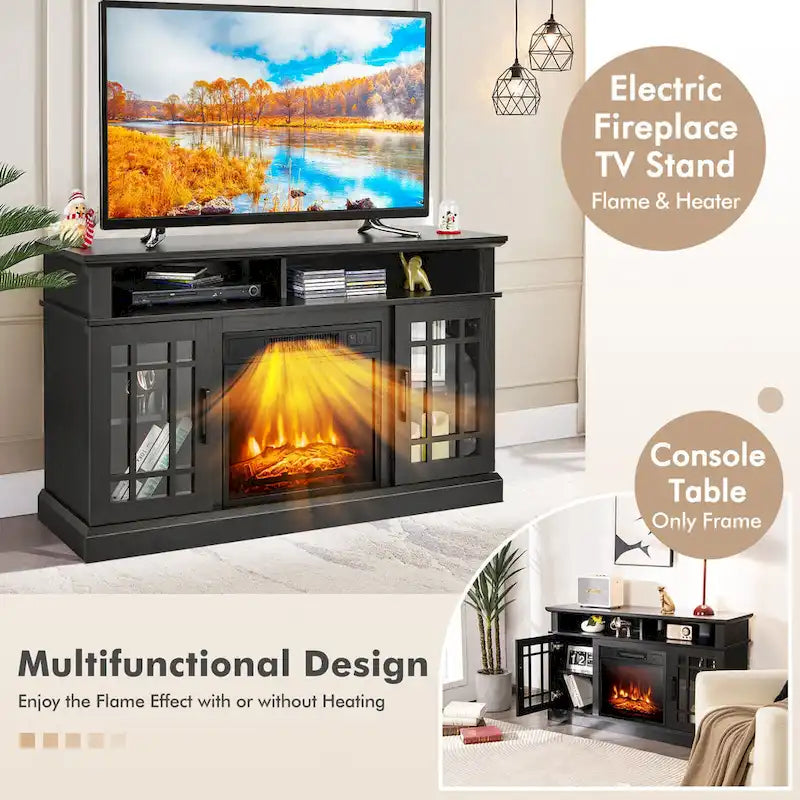 Meuble TV de cheminée noir de 48 pouces avec étagères de rangement et portes en verre