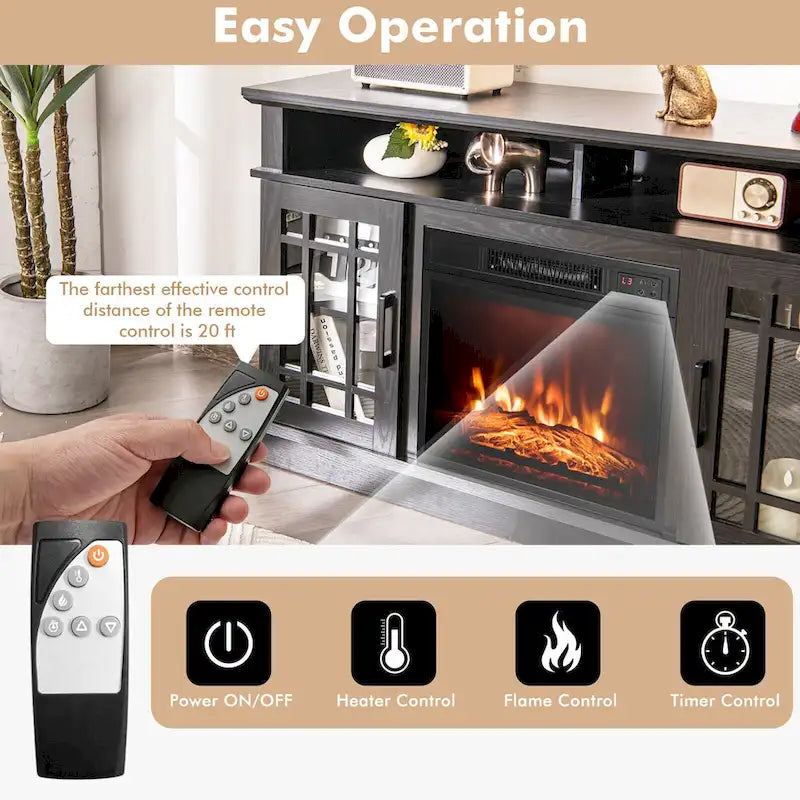 Meuble TV de cheminée noir de 48 pouces avec étagères de rangement et portes en verre