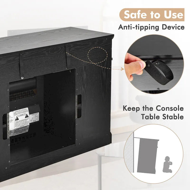 Meuble TV de cheminée noir de 48 pouces avec étagères de rangement et portes en verre