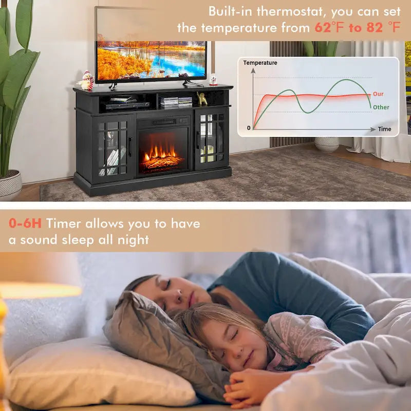 Meuble TV de cheminée noir de 48 pouces avec étagères de rangement et portes en verre