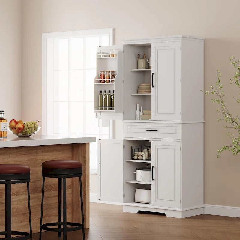 Armoire de cuisine haute autoportante avec étagères réglables et tiroir, blanche