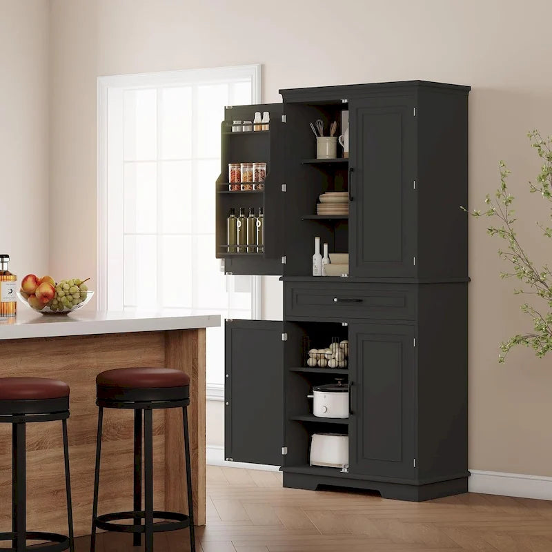 Armoire de cuisine haute autoportante avec étagères réglables et tiroir, blanche