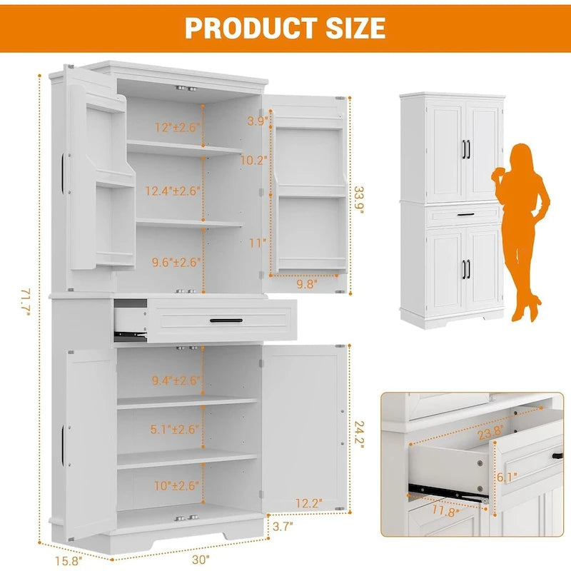 Armoire de cuisine haute autoportante avec étagères réglables et tiroir, blanche