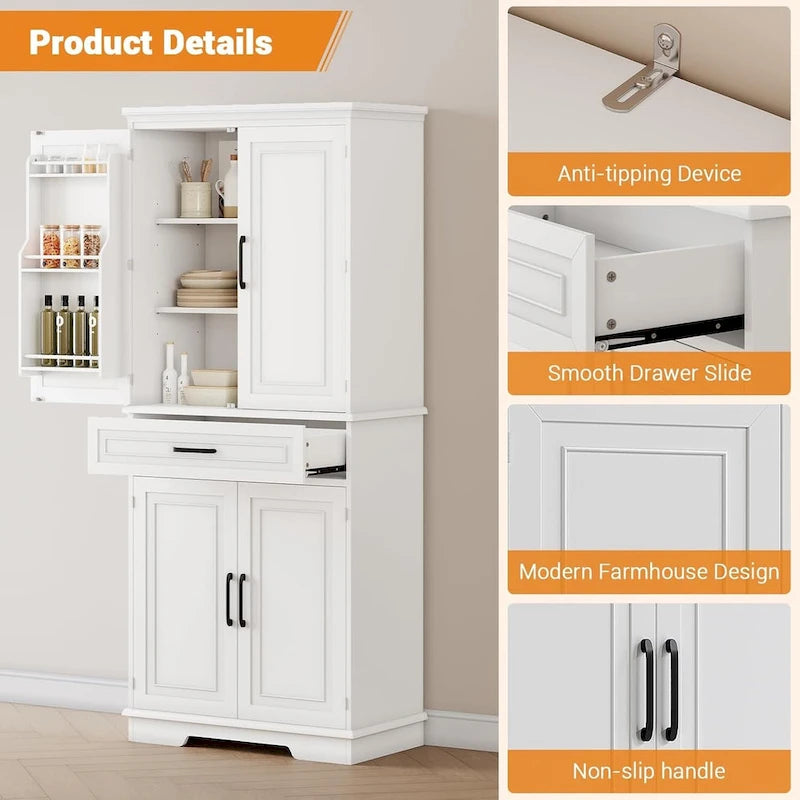 Armoire de cuisine haute autoportante avec étagères réglables et tiroir, blanche