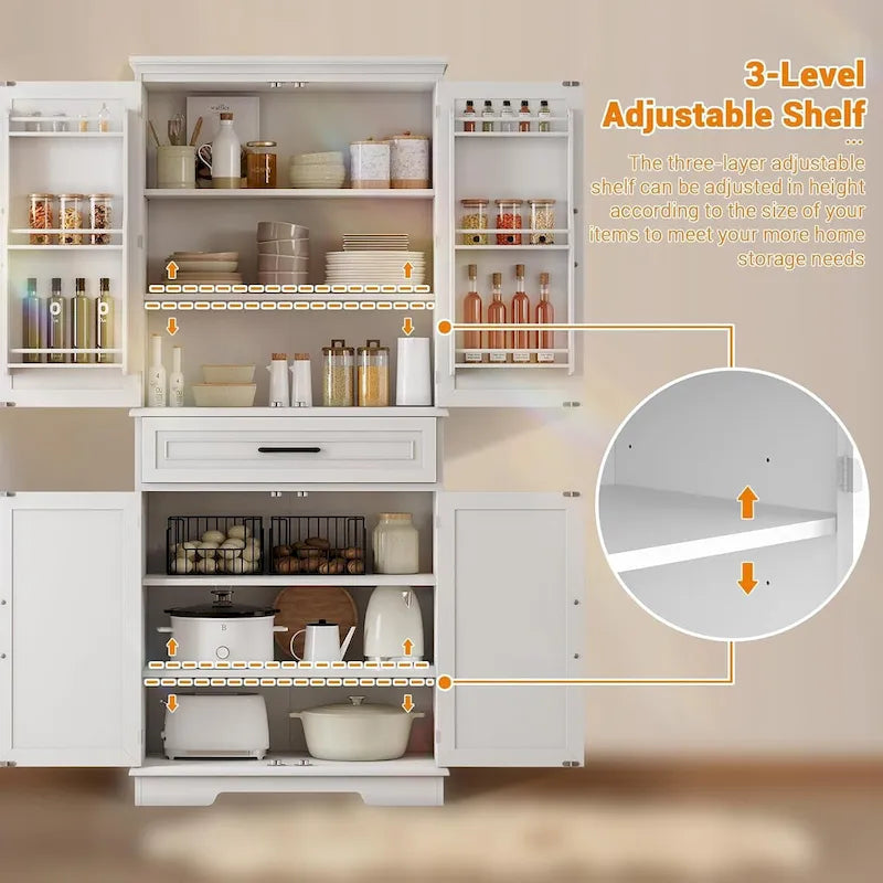 Armoire de cuisine haute autoportante avec étagères réglables et tiroir, blanche