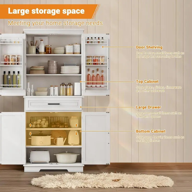 Armoire de cuisine haute autoportante avec étagères réglables et tiroir, blanche