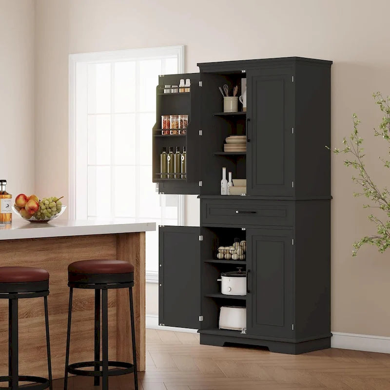 Armoire de cuisine haute autoportante avec étagères réglables et tiroir, blanche