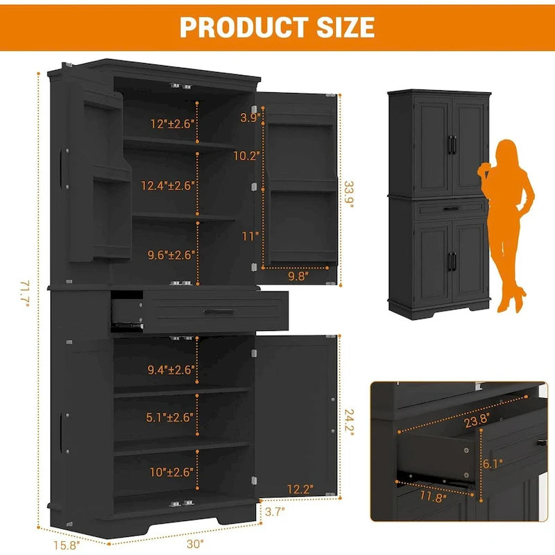 Armoire de cuisine haute autoportante avec étagères réglables et tiroir, blanche