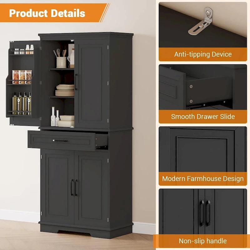 Armoire de cuisine haute autoportante avec étagères réglables et tiroir, blanche