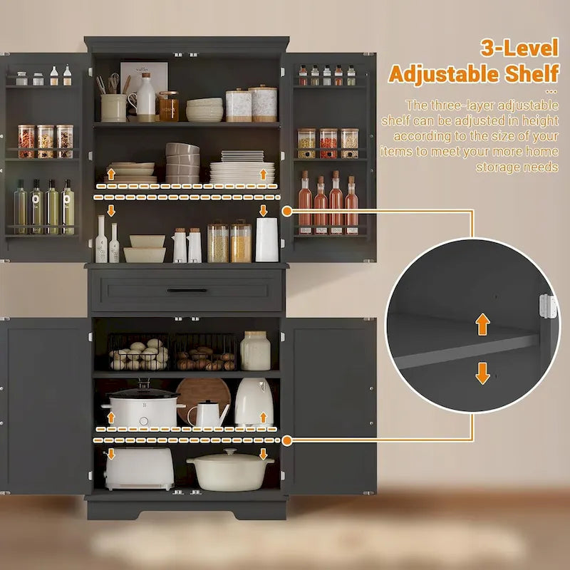 Armoire de cuisine haute autoportante avec étagères réglables et tiroir, blanche