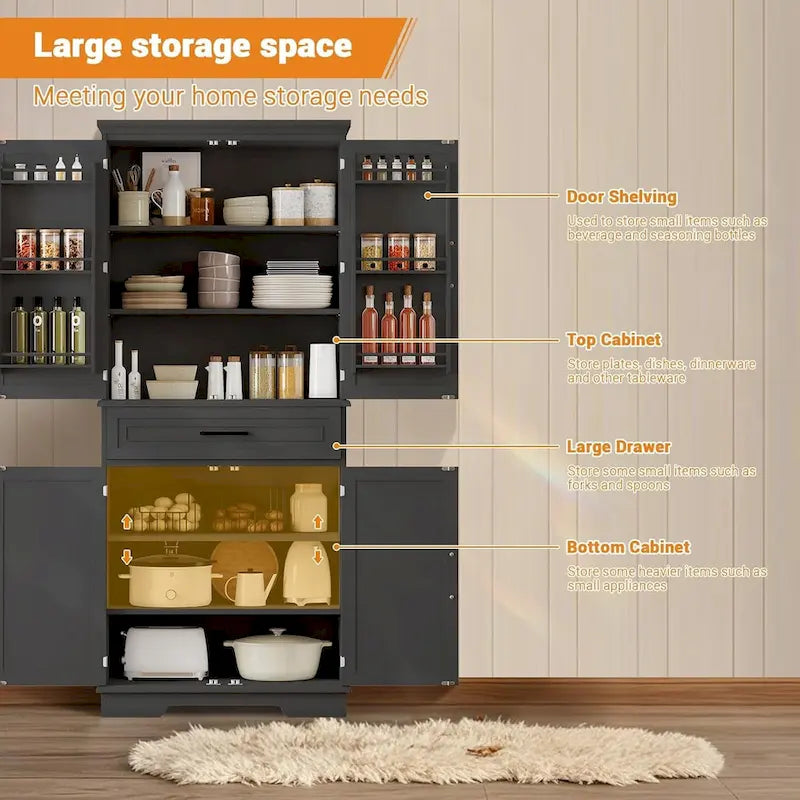 Armoire de cuisine haute autoportante avec étagères réglables et tiroir, blanche