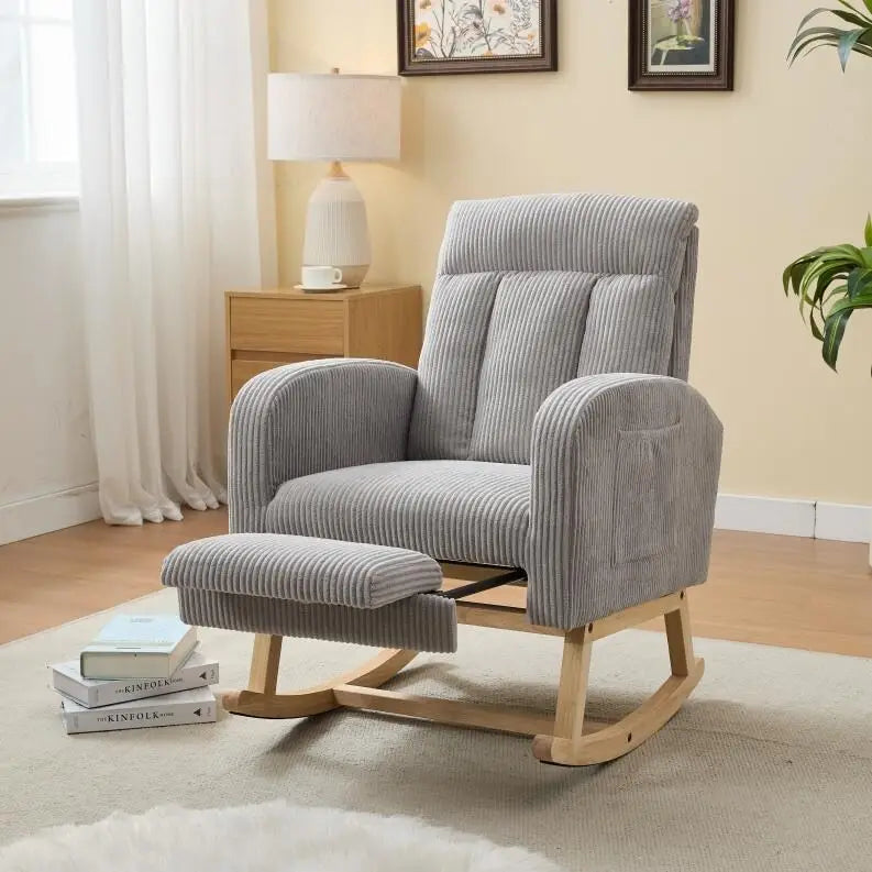 Fauteuil à bascule planeur rembourré avec repose-pieds dossier haut velours côtelé gris clair