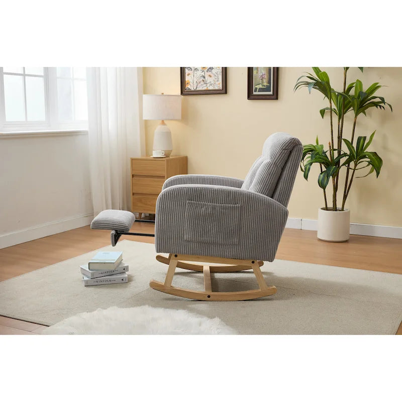 Fauteuil à bascule planeur rembourré avec repose-pieds dossier haut velours côtelé gris clair