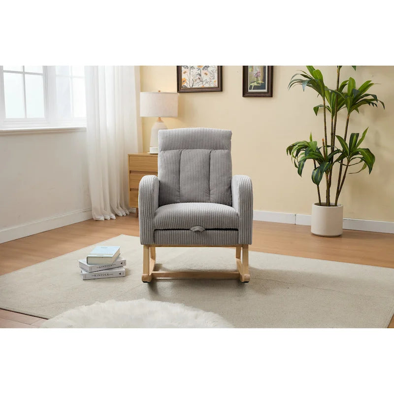 Fauteuil à bascule planeur rembourré avec repose-pieds dossier haut velours côtelé gris clair