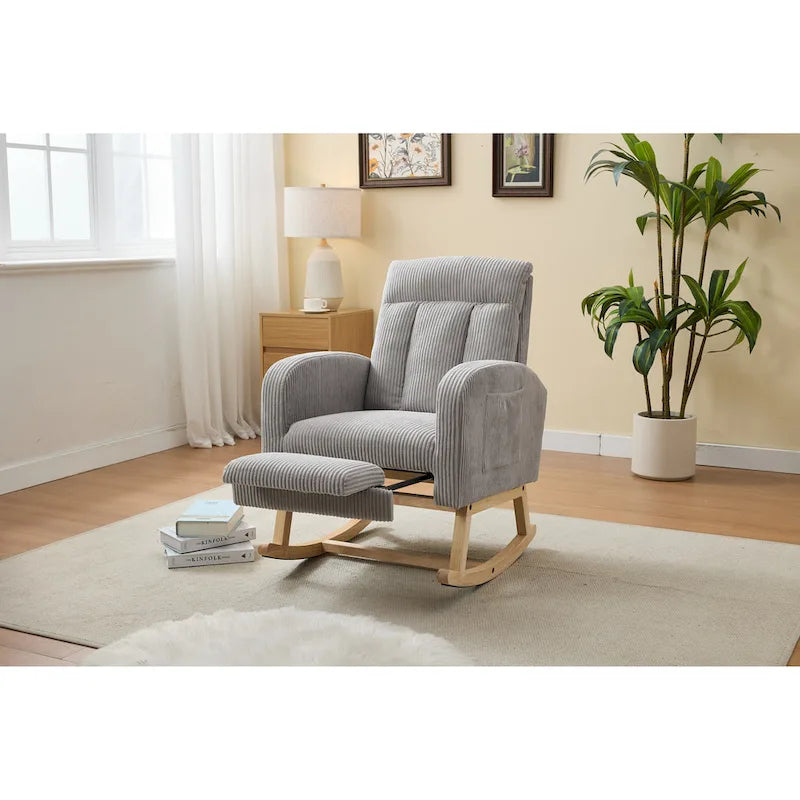 Fauteuil à bascule planeur rembourré avec repose-pieds dossier haut velours côtelé gris clair