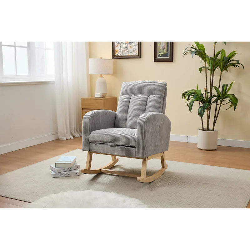 Fauteuil à bascule planeur rembourré avec repose-pieds dossier haut velours côtelé gris clair