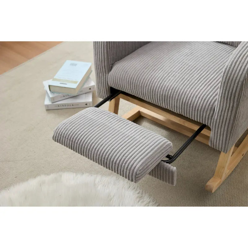 Fauteuil à bascule planeur rembourré avec repose-pieds dossier haut velours côtelé gris clair