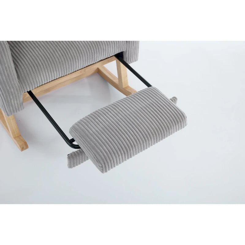 Fauteuil à bascule planeur rembourré avec repose-pieds dossier haut velours côtelé gris clair